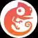 Red and orange chameleon curled with a curled tail inside a round gradient background.