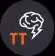 Logo with stylized white brain and globe illustration above orange letters TT on black background.