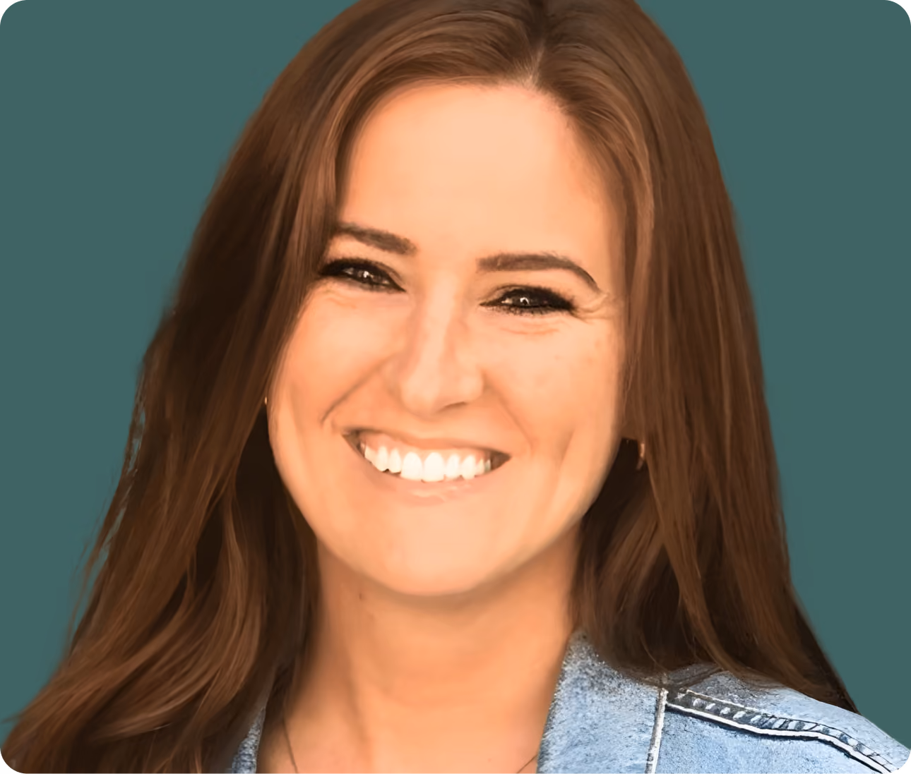 Smiling woman with long brown hair wearing a denim jacket against a teal background.