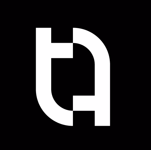 Stylized white lowercase letter t merged with uppercase letter A on a black background.