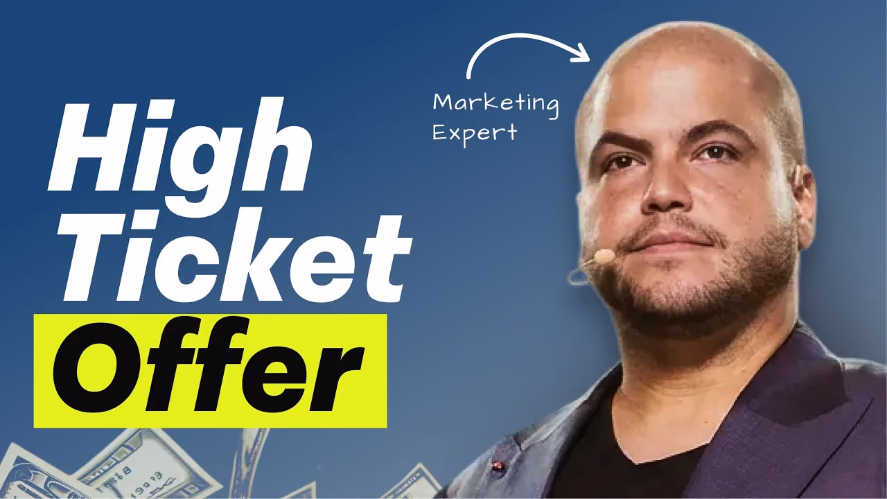 Confident bald man labeled as marketing expert on blue background with text High Ticket Offer.