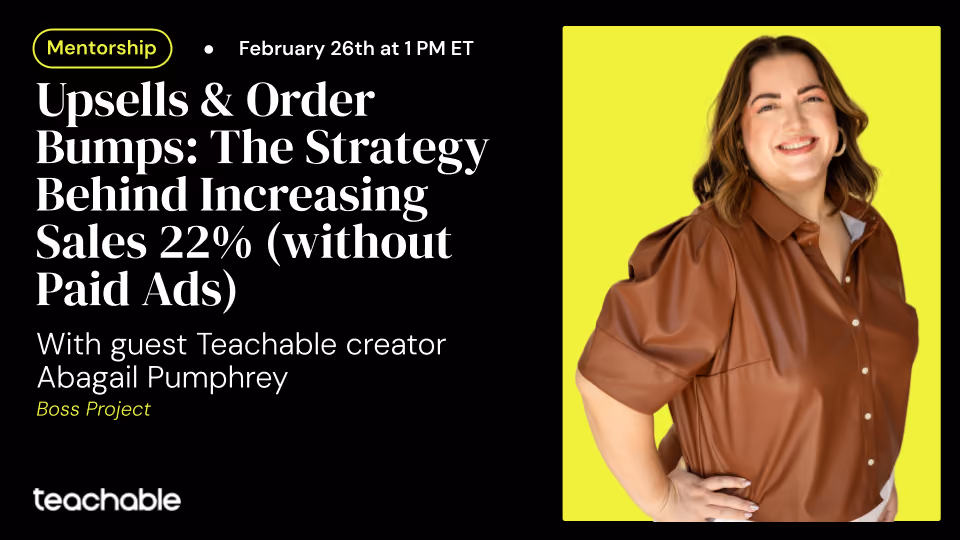 Smiling woman in brown shirt with text about mentorship webinar on increasing sales by 22% without paid ads.