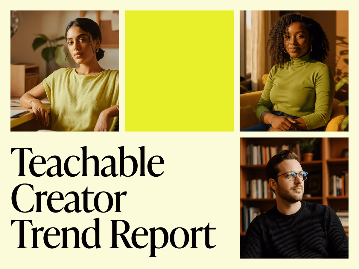 Portraits of three diverse people in green clothing arranged around text Teachable Creator Trend Report.
