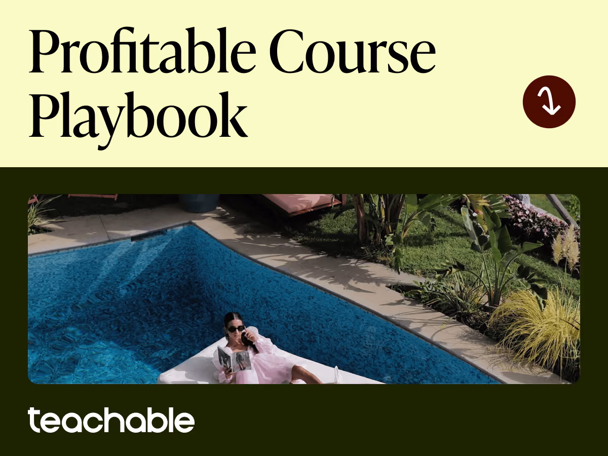 Woman in pink dress reading by a blue pool with plants nearby and text Profitable Course Playbook.