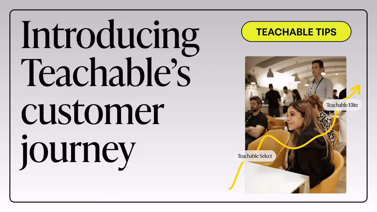 Text introducing Teachable's customer journey with an upward yellow arrow on a photo of people seated indoors.