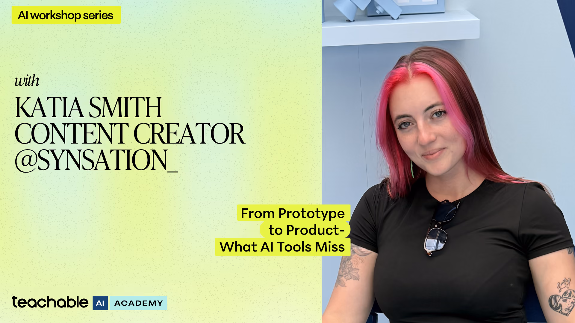 Katia Smith with pink hair and black shirt poses, with text about AI workshop and content creator role.