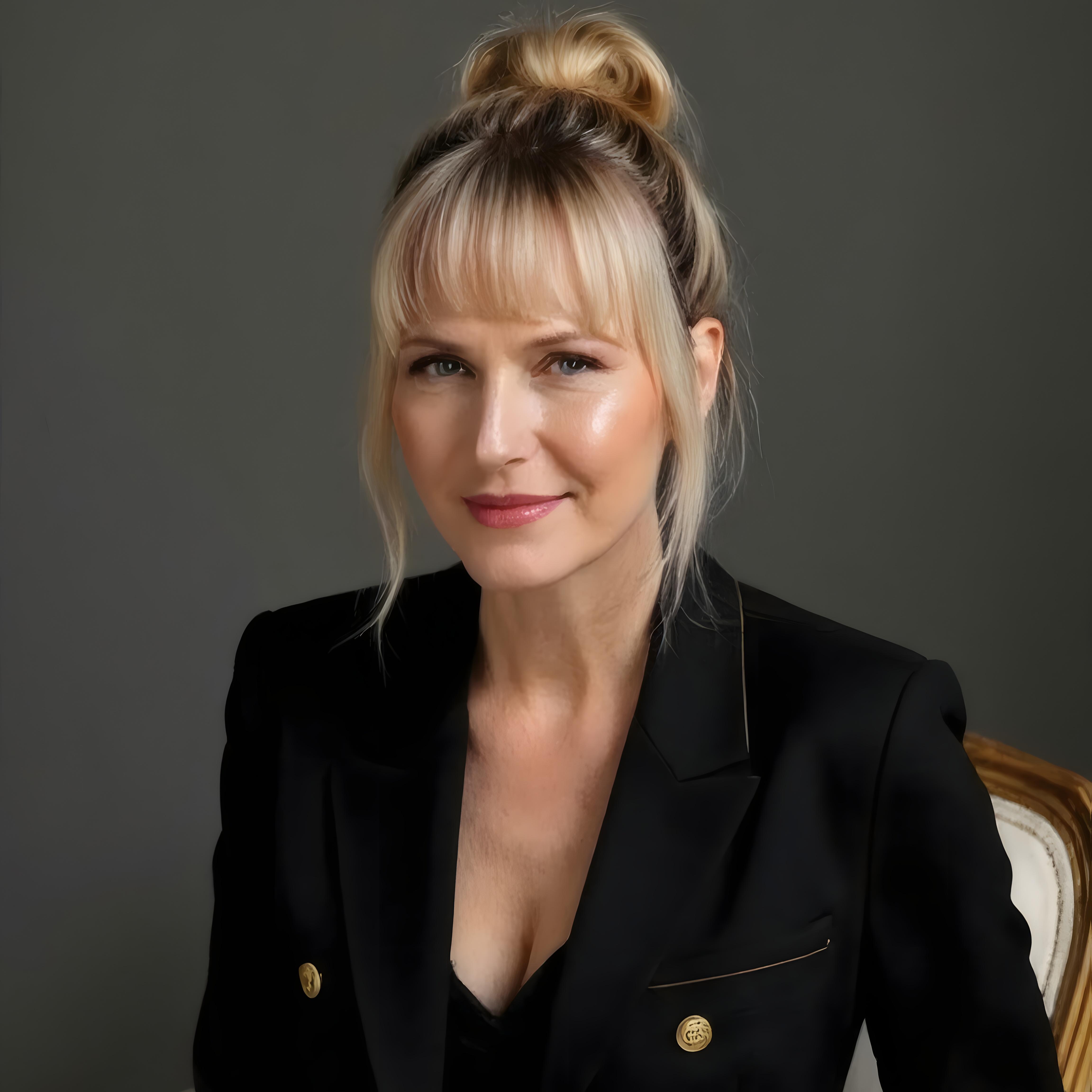 Blonde woman with bangs and bun wearing a black blazer, seated against a gray background.
