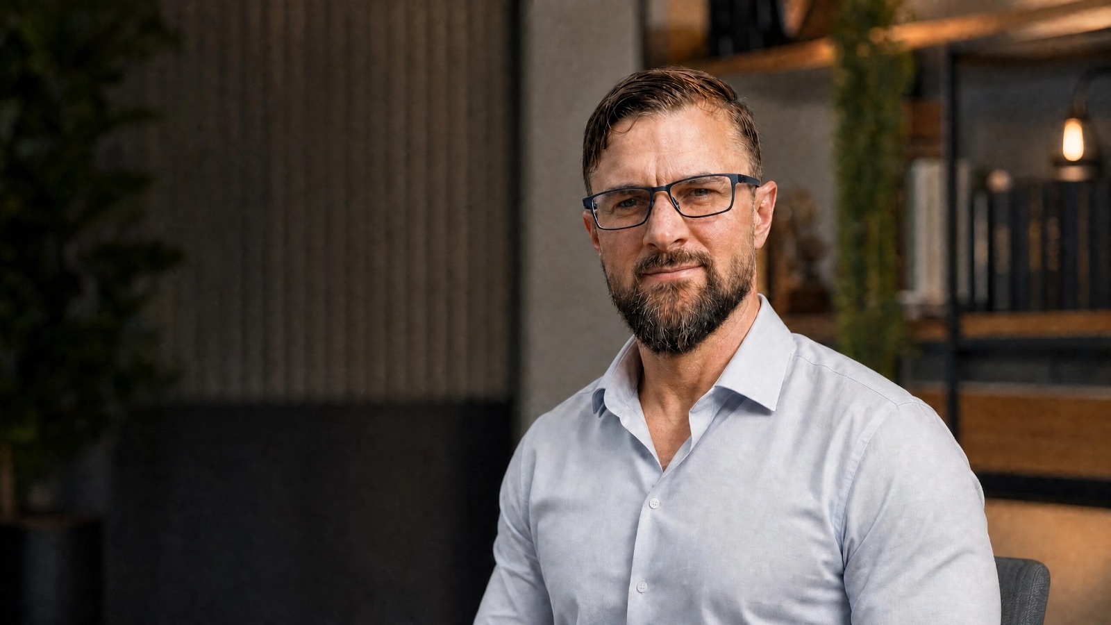 Man with glasses and beard wearing a light blue shirt, seated indoors with shelves and plants in the background.