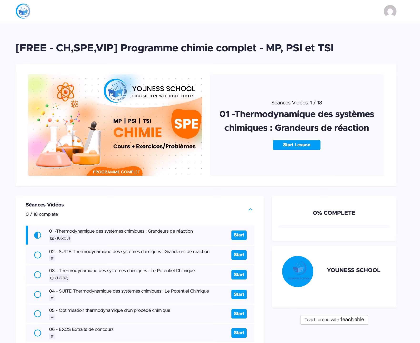 Online chemistry course dashboard with video lessons for thermodynamics and reaction systems from Youness School.