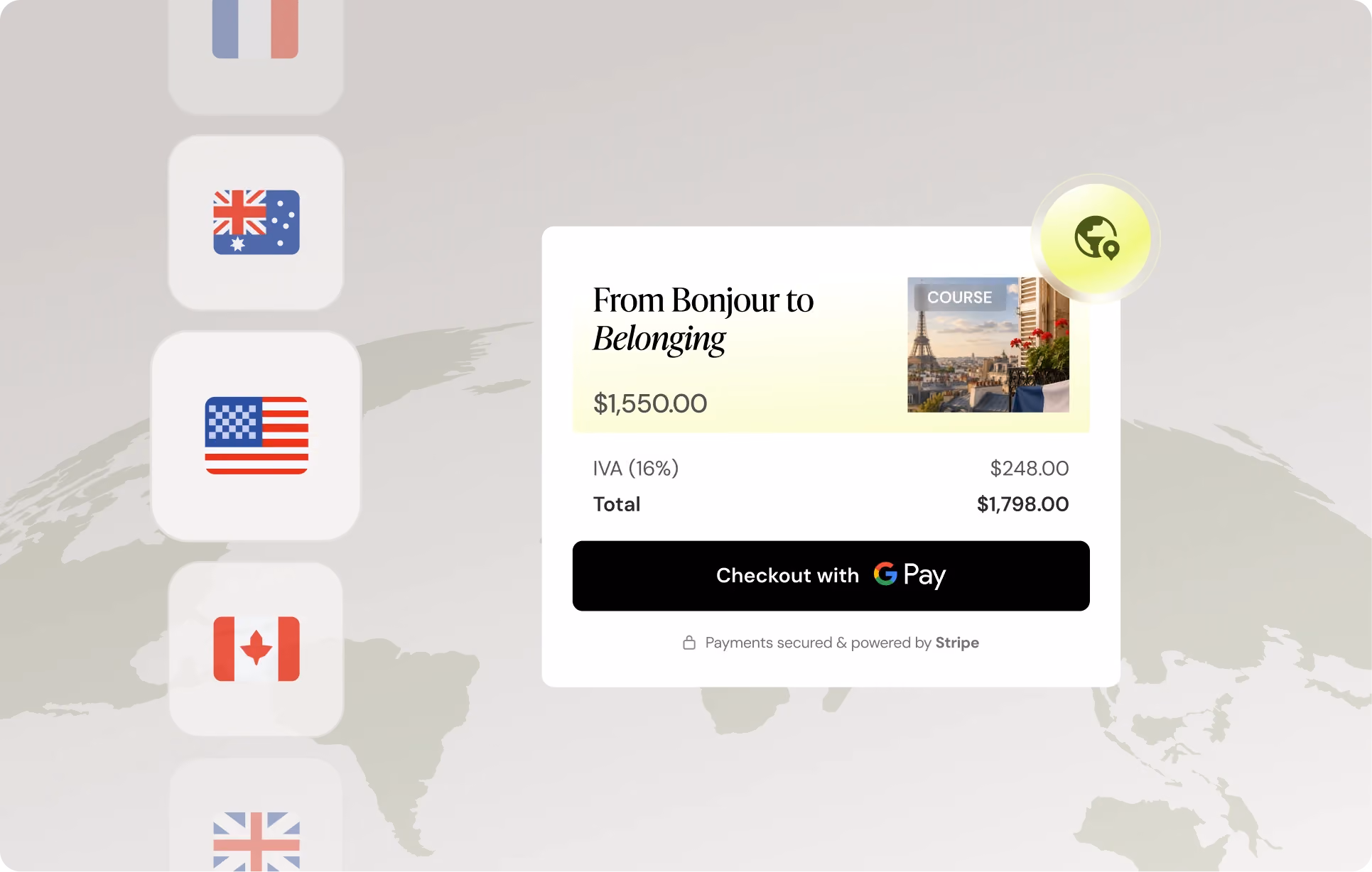 Online checkout showing course 'From Bonjour to Belonging' costing $1,550 plus $248 tax, total $1,798.