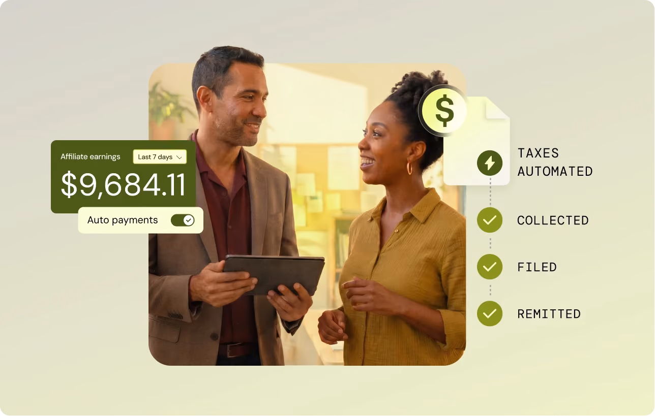 Man and woman smiling and discussing affiliate earnings of $9,684.11 with automated tax payments shown.