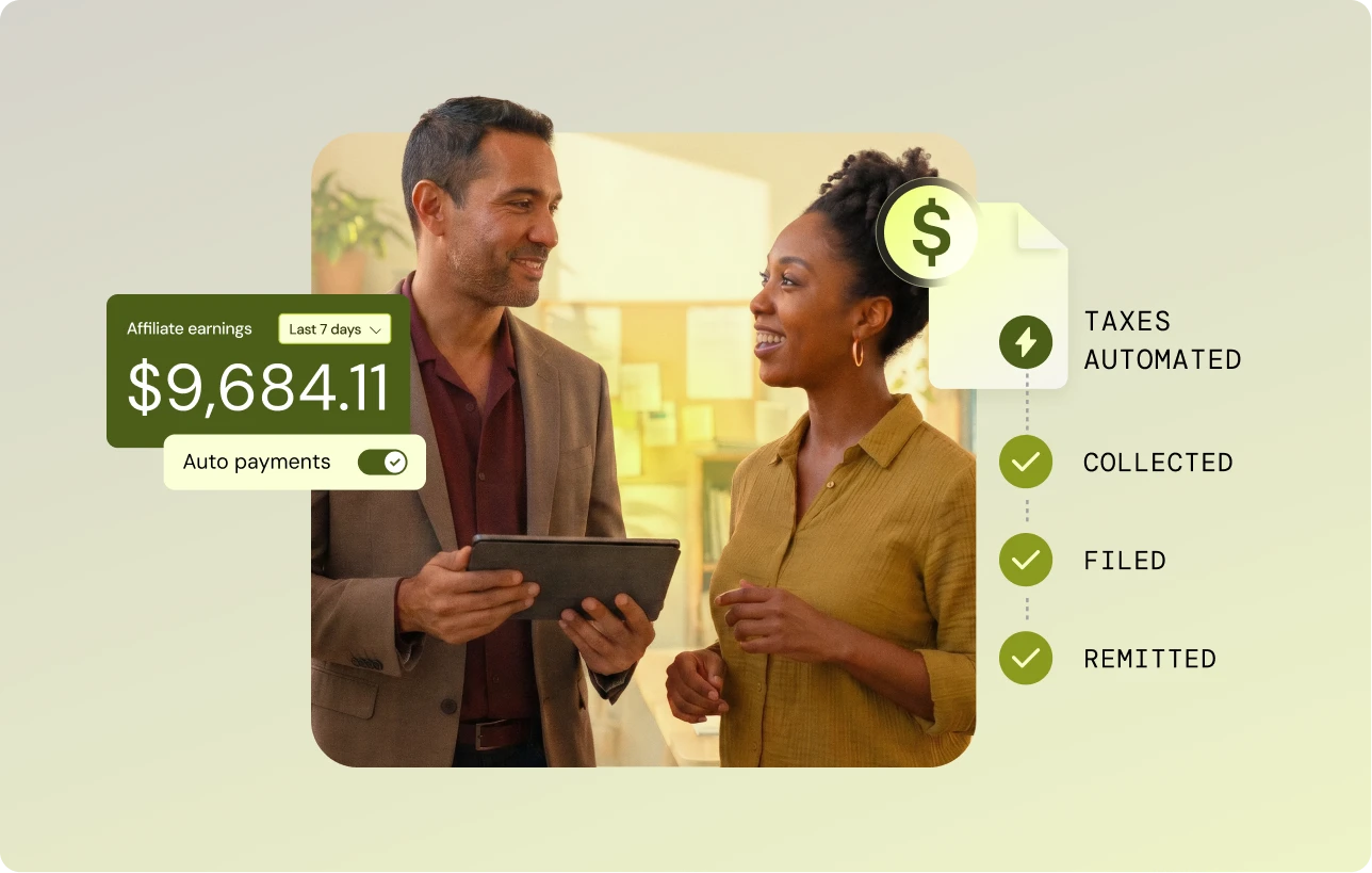 Man and woman smiling and discussing affiliate earnings of $9,684.11 with automated tax payments shown.