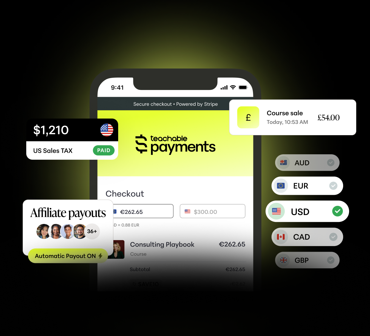 Teachable Payments graphic showing mobile checkout interface, as well as sales notifications, affiliate payouts, tax handling, and global selling capabilities.