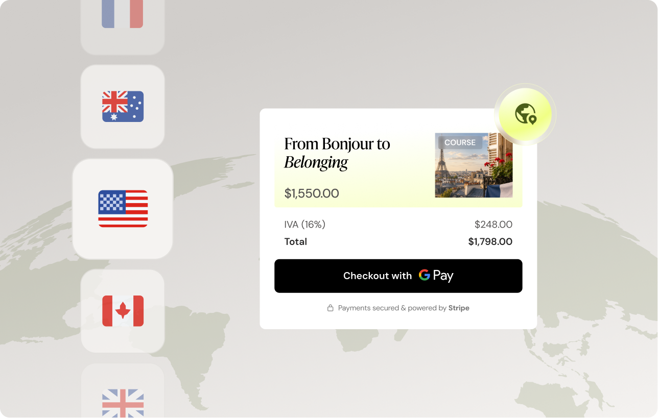 Teachable Payments checkout block with globe background showing international countries for selling