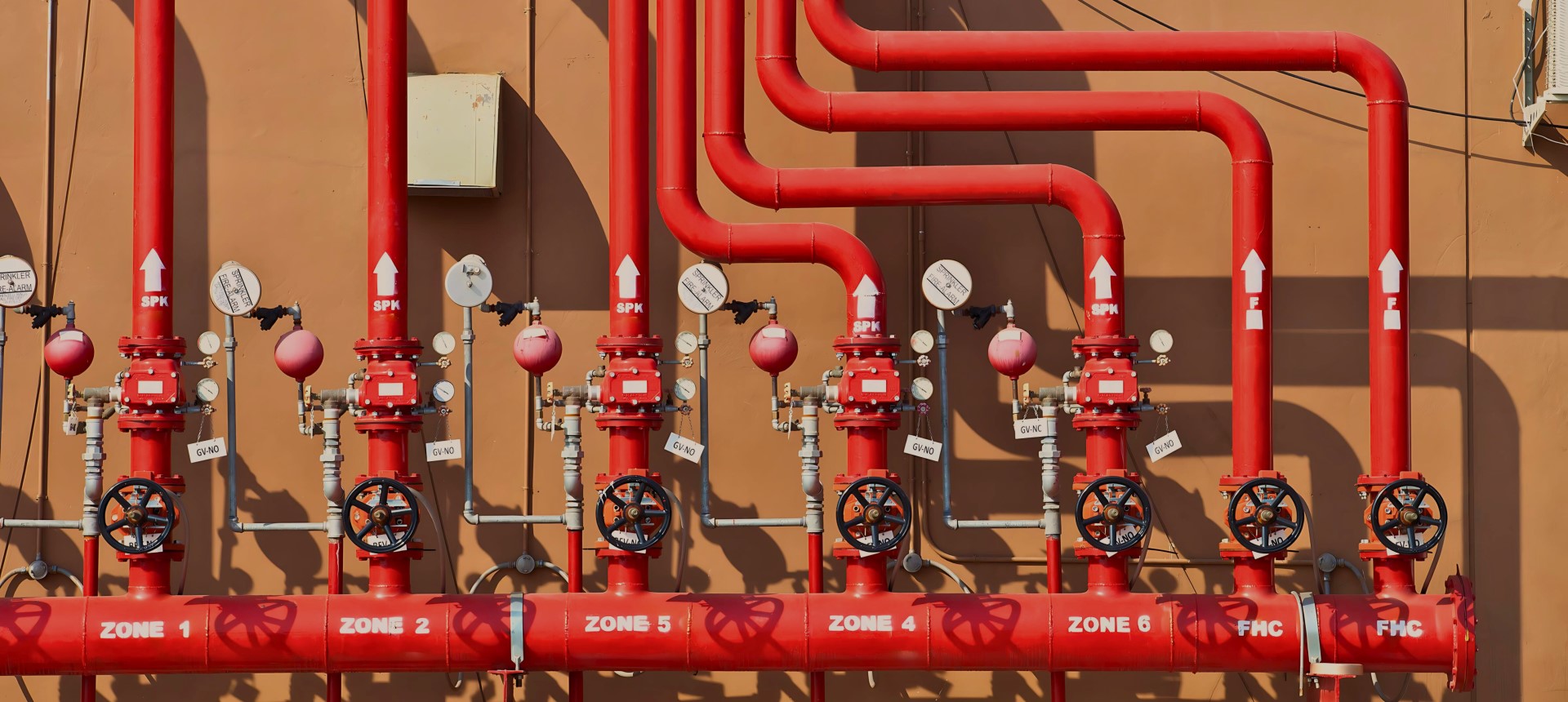 Row of red fire sprinkler pipes with valves labeled Zone 1, Zone 2, Zone 5, Zone 4, Zone 6, and FHC mounted on an orange wall.