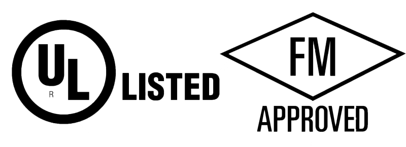 UL Listed and FM Approved certification marks side by side.