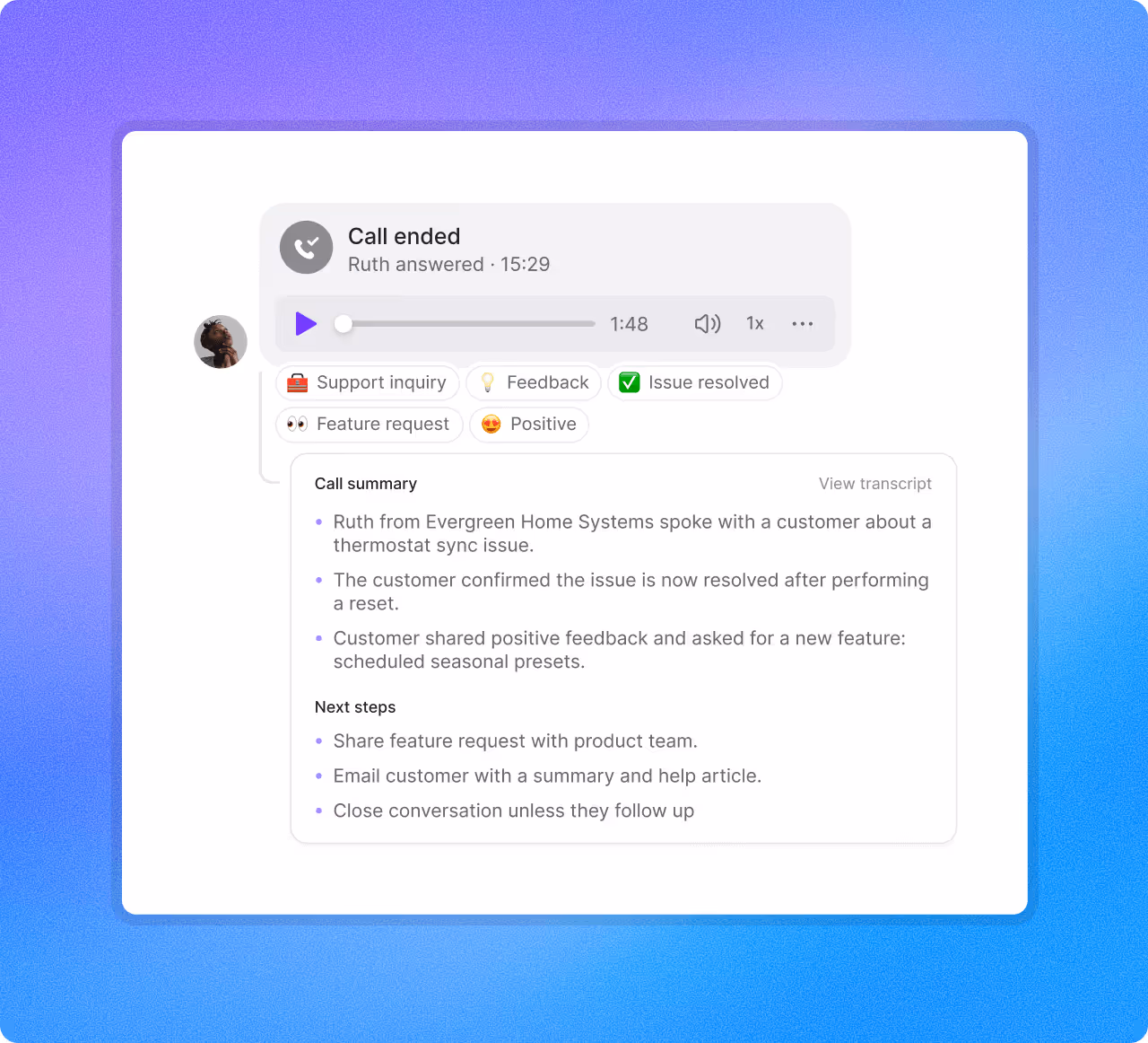 A blue screen with a call ended message.