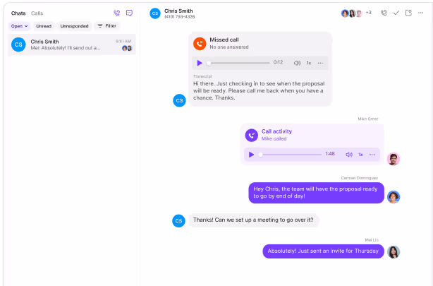 A purple chat window with a message that says "Absolutely! Just sent you an invite to join the meeting."