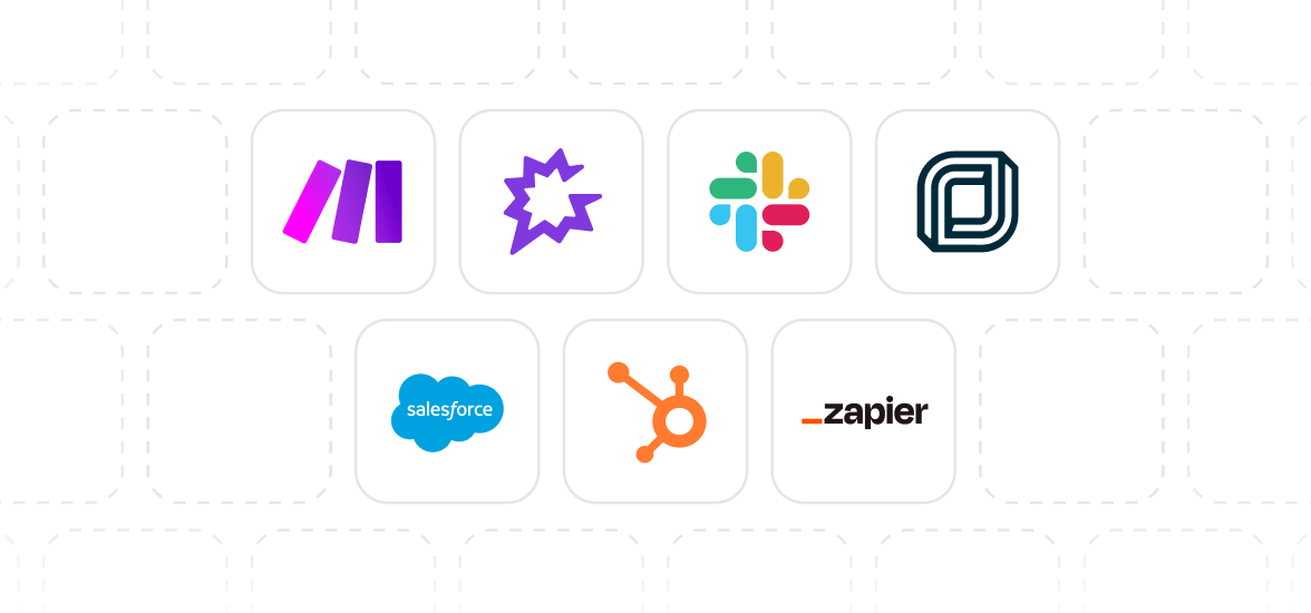 A collection of icons including Salesforce, Zapier, and others.