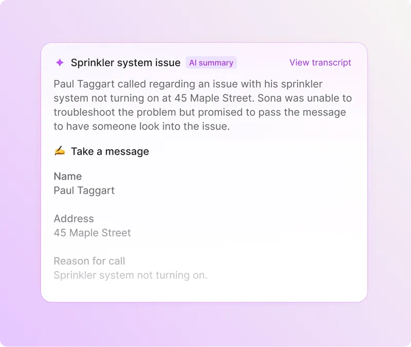 Answering service: Call summary from Sona where a customer reported a sprinkler issue