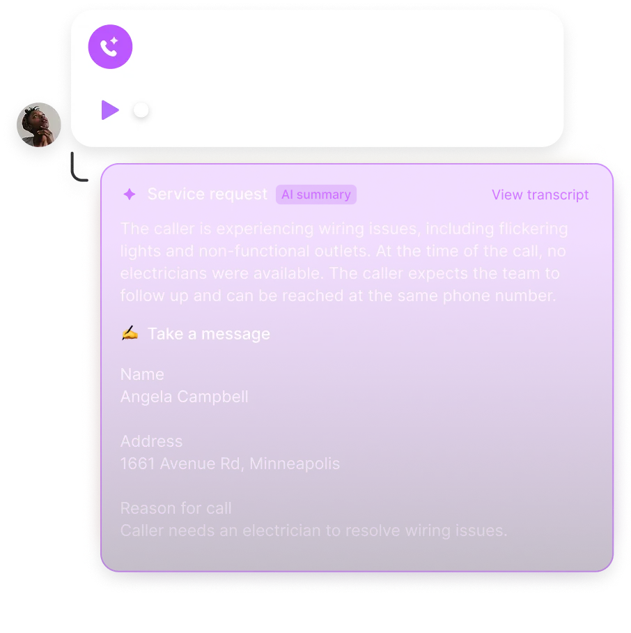 Answering service: Sona call summary where it collected a message for following up
