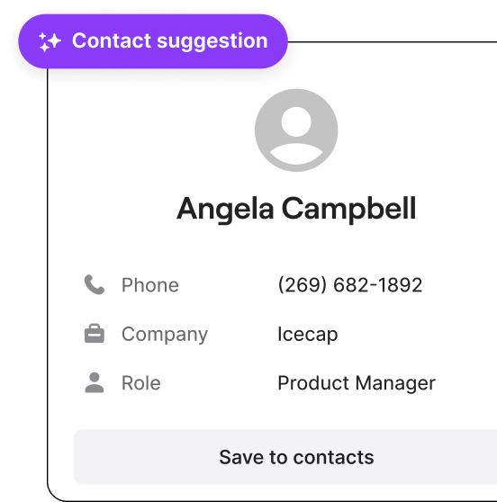 A contact suggestion button with a phone number and name.
