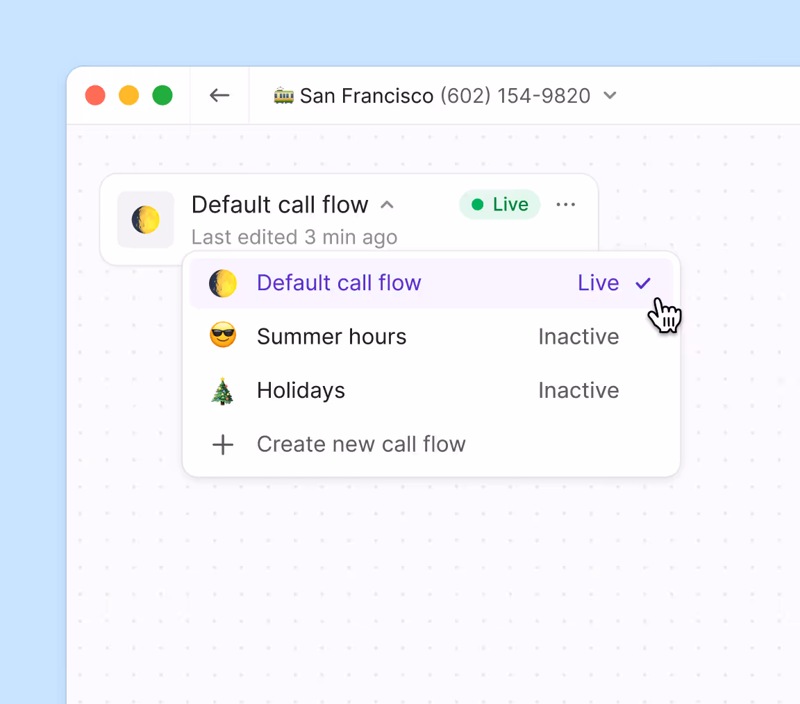 A computer screen with a menu of options including a button to create a new call flow.