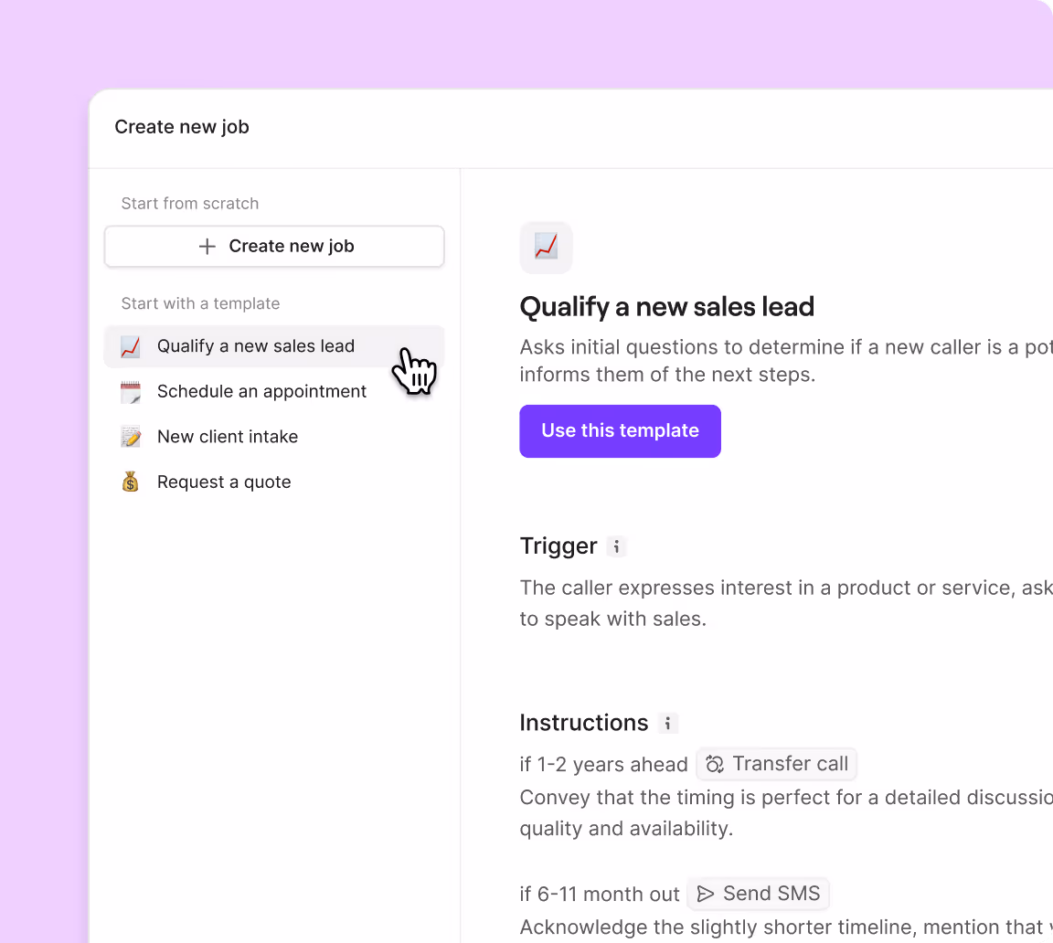 A website with a purple background and a button that says "create new job".