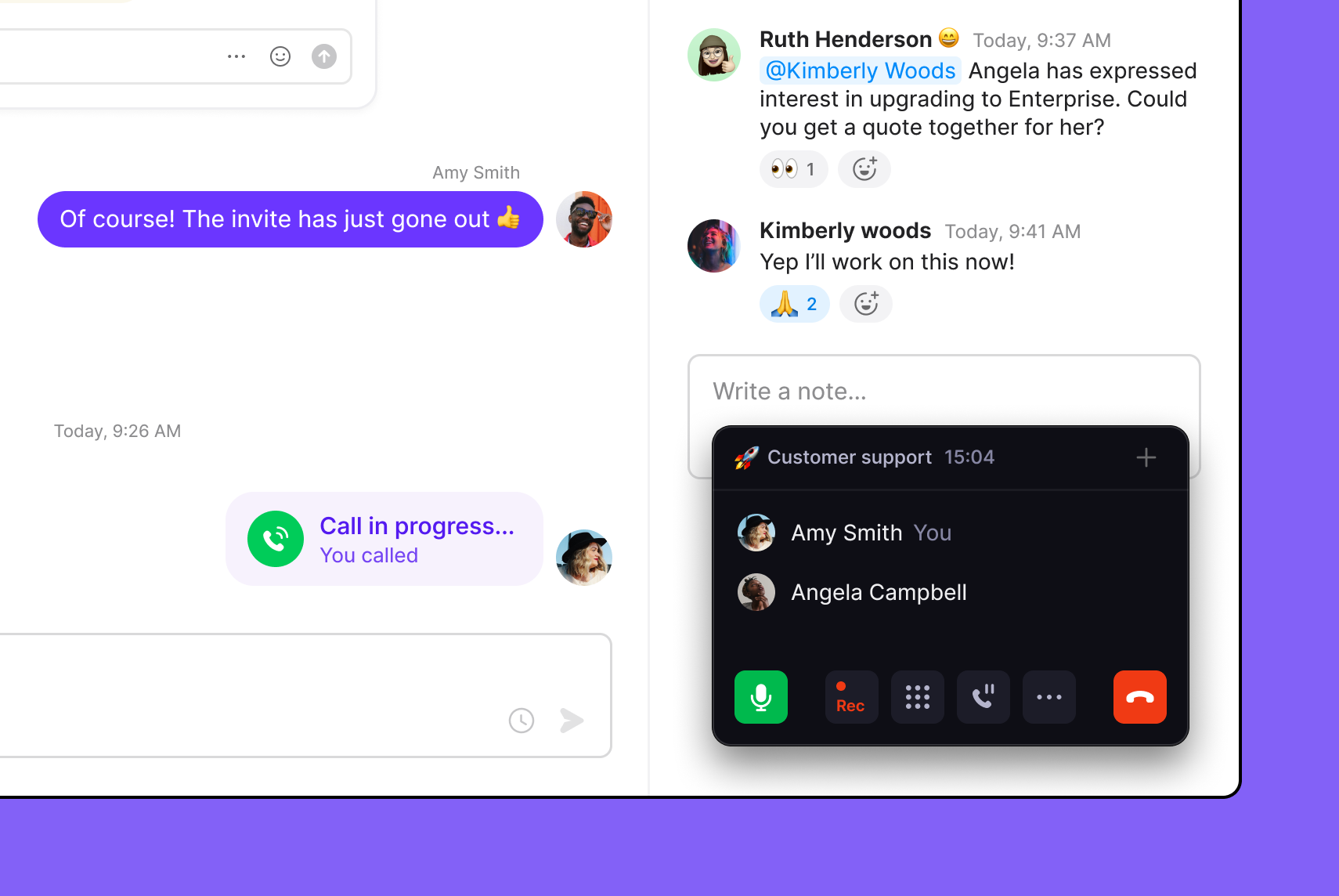 OpenPhone Call Recording - A purple screen with a chat window on it.
