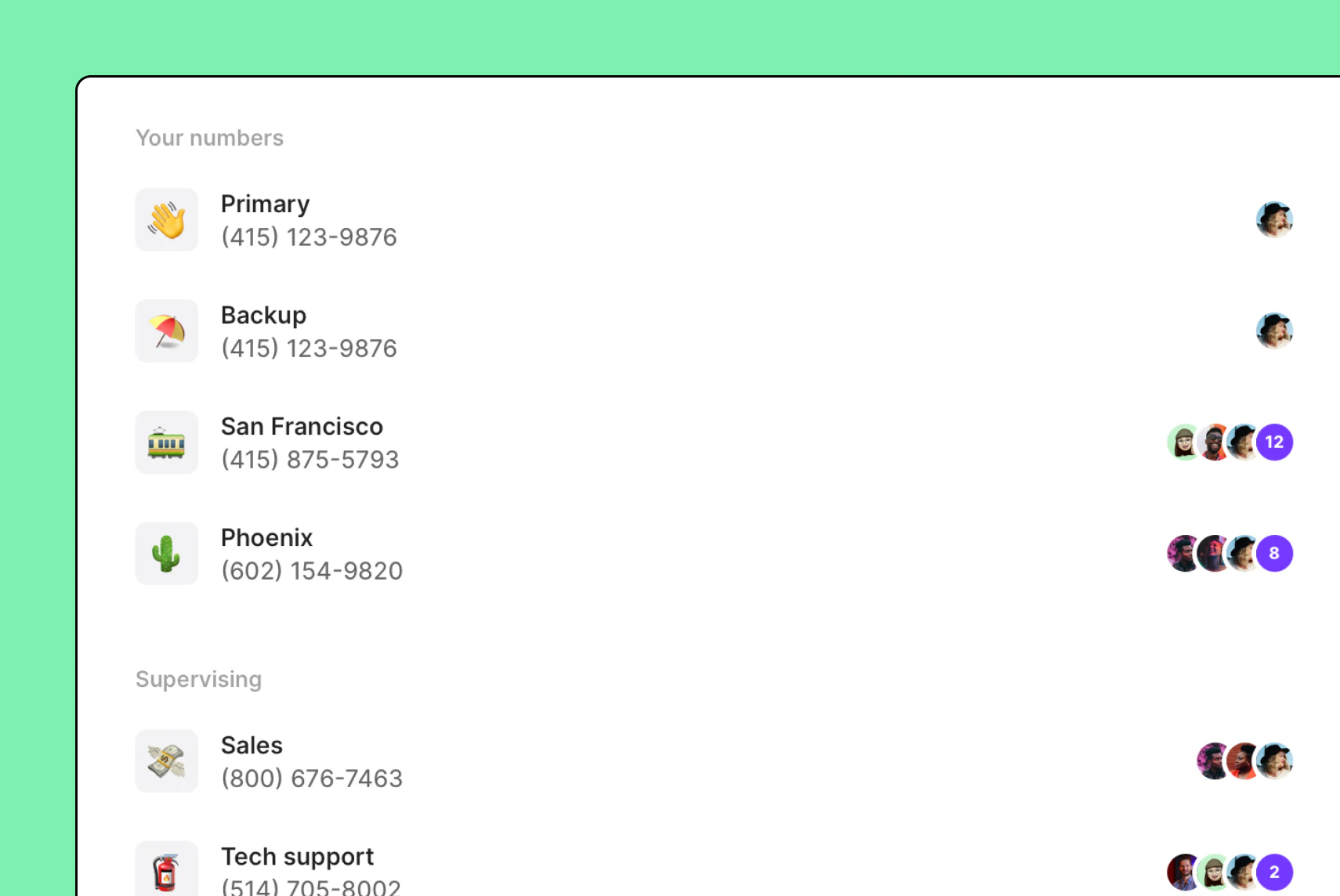 A list of phone numbers and their corresponding cities.