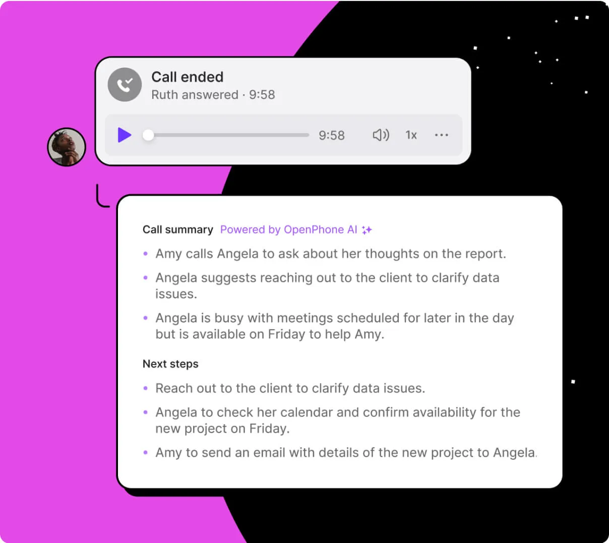 A phone call is shown on a screen with a pink background.