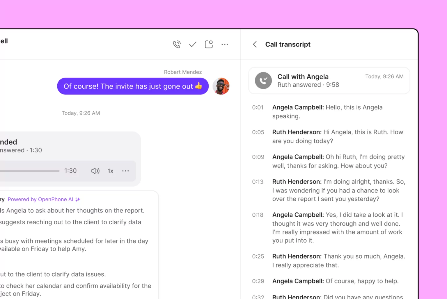 OpenPhone product view of AI call transcripts