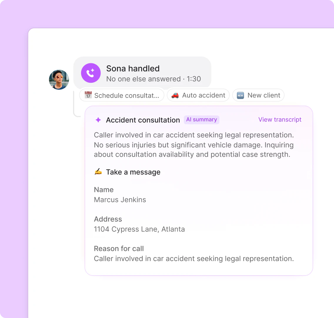 OpenPhone's AI agent Sona handles a customer's call with call summary