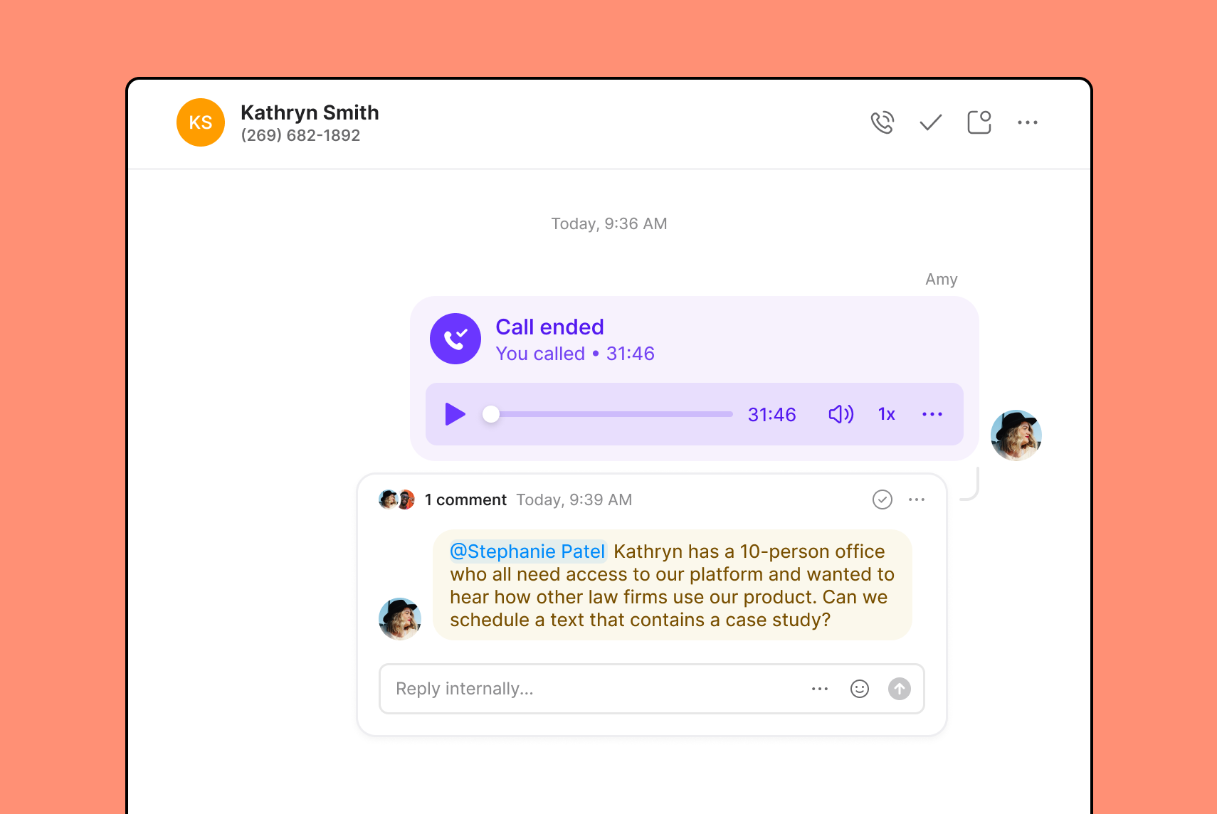 OpenPhone internal threads - loop your team in by tagging your colleagues next to calls and texts