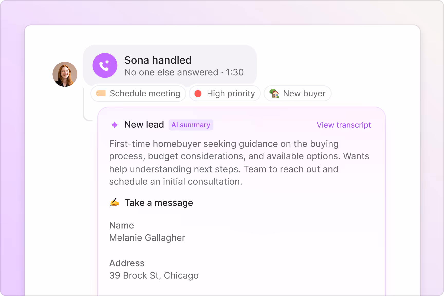 Answering service: Sona call summary