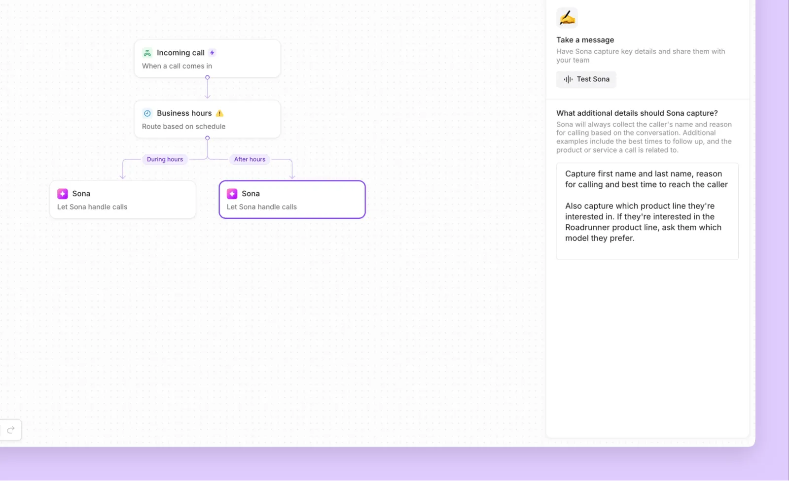 Answering service: Asking Sona to take a message for following up