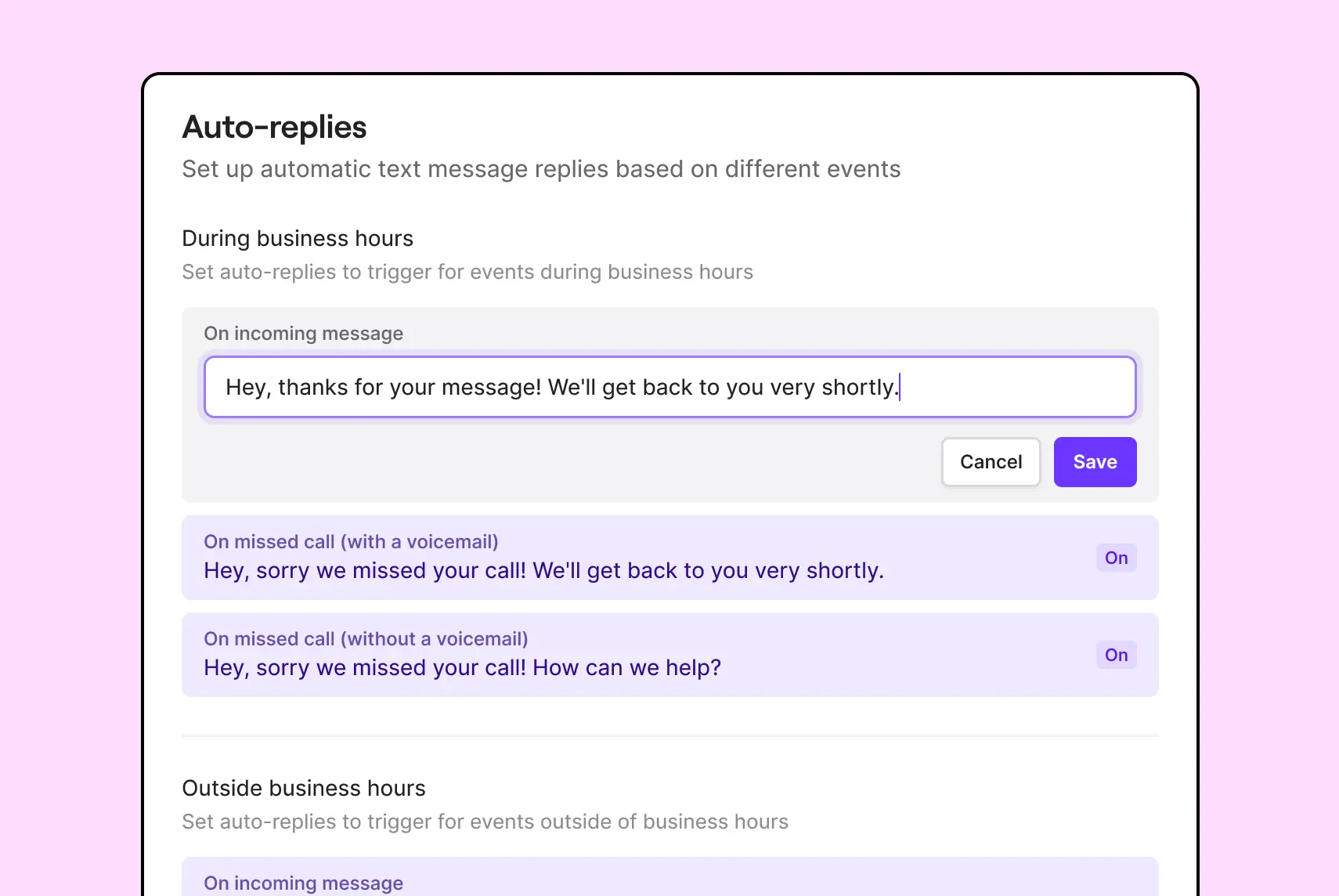 A pink background with a white text box that says Auto Replies.