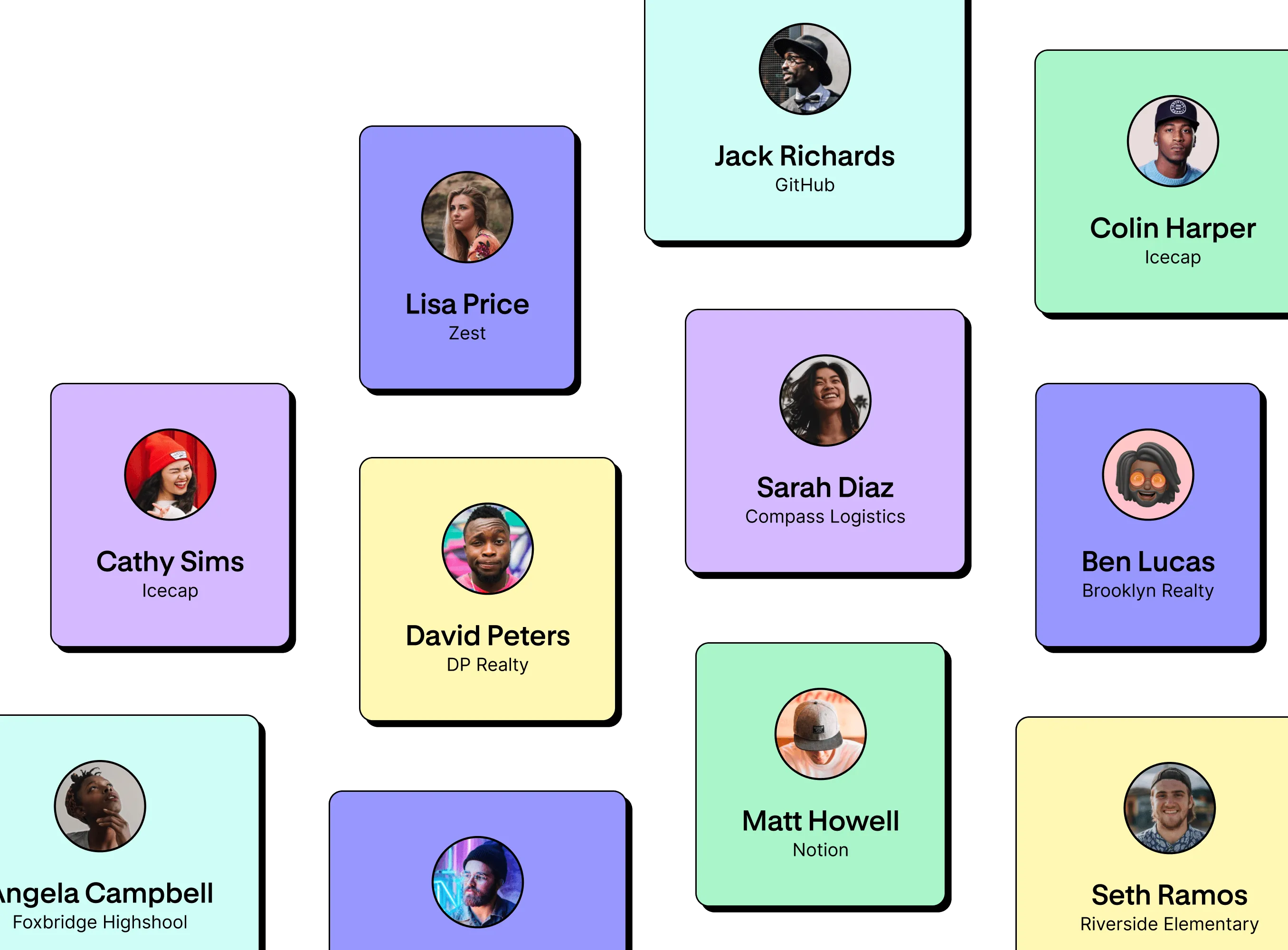 A collection of people's names and pictures are displayed on a website.