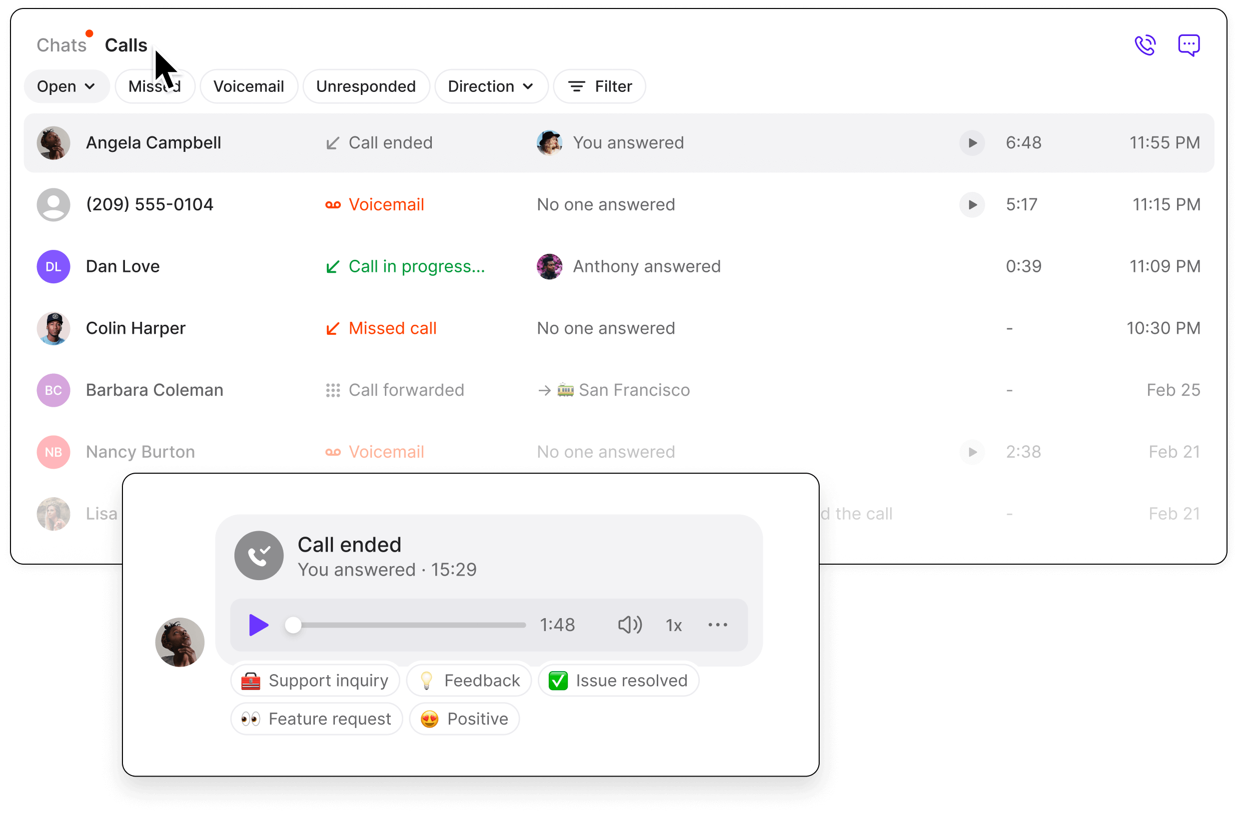 A screenshot of a OpenPhone app with a call ended message.