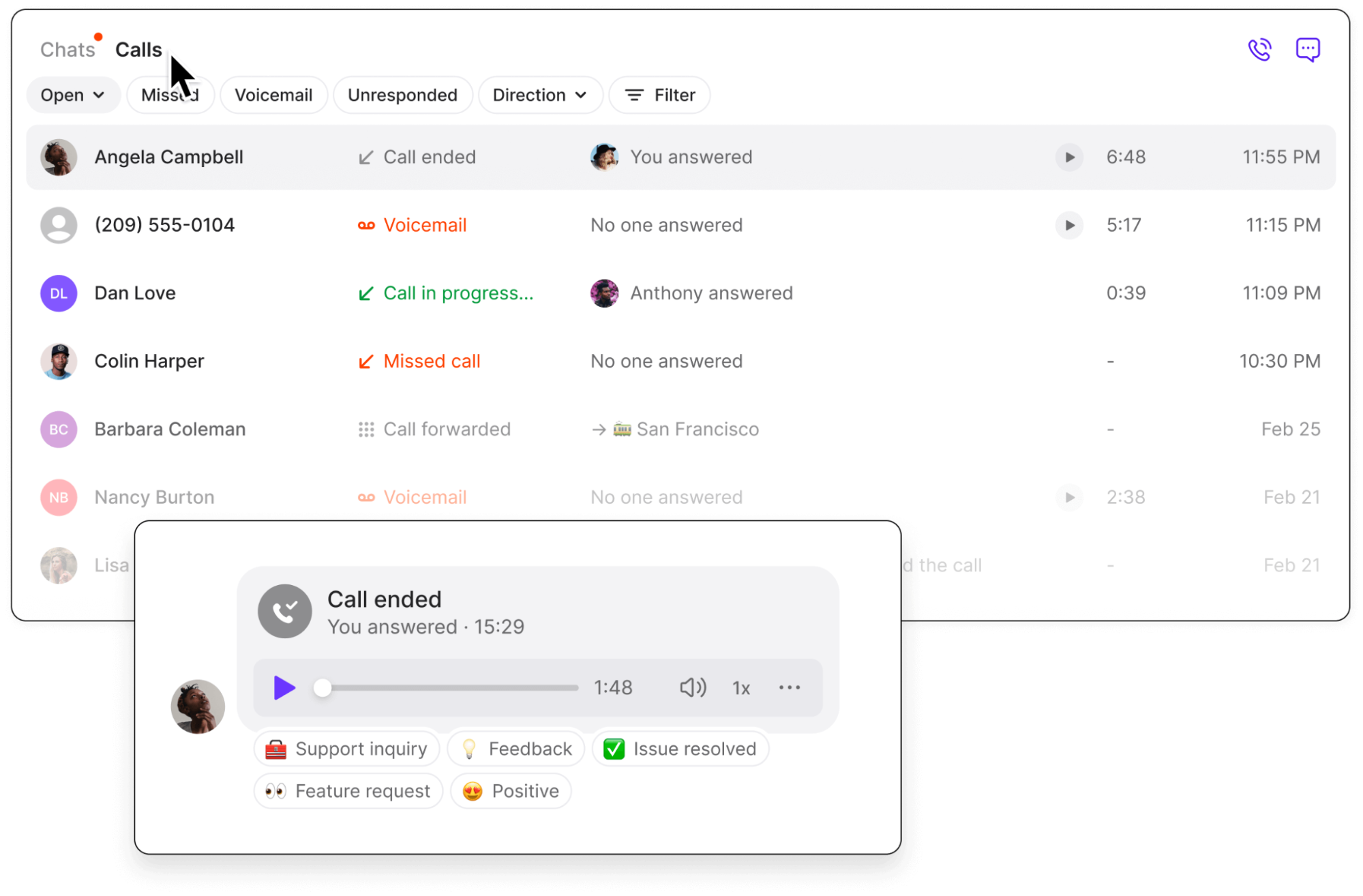 OpenPhone calls dashboard showing recent calls with statuses like call ended, voicemail, call in progress, missed call, and call forwarded, along with a voicemail playback panel labeled 'Call ended' with options for support inquiry, feedback, issue resolved, feature request, and positive.