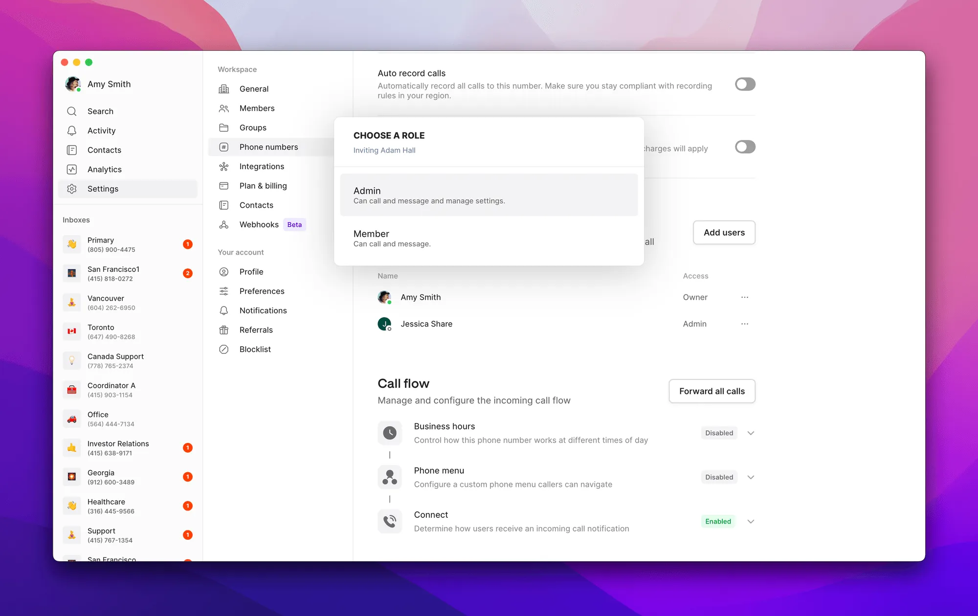 User interface screen for assigning a role to Adam Hall with options Admin or Member, showing workspace settings and call flow configuration.