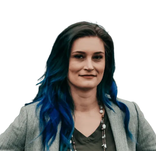 A woman with blue hair and a necklace.