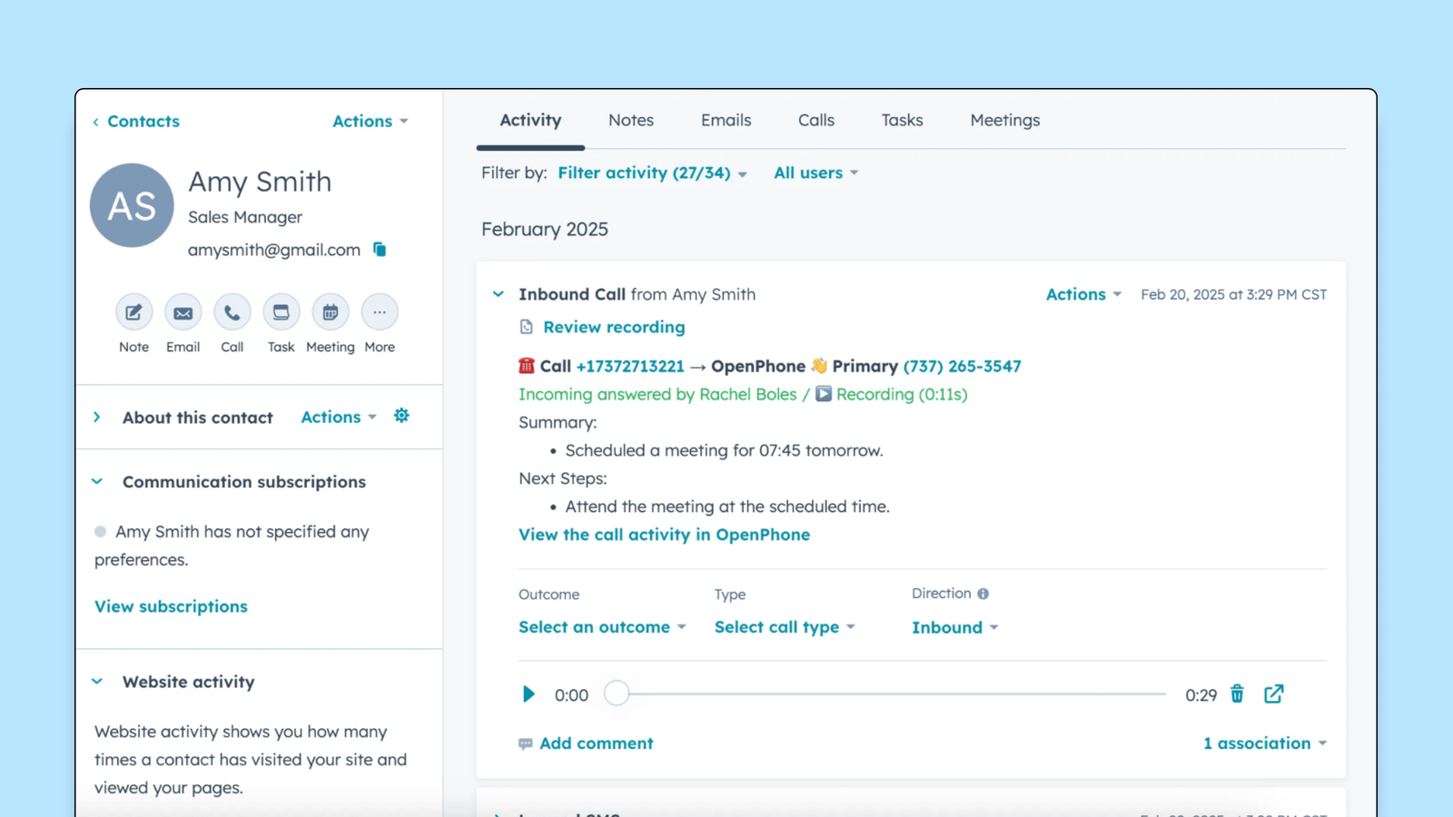 HubSpot contact profile for Amy Smith, Sales Manager, showing an inbound call log with call details, recording option, and summary of a scheduled meeting.