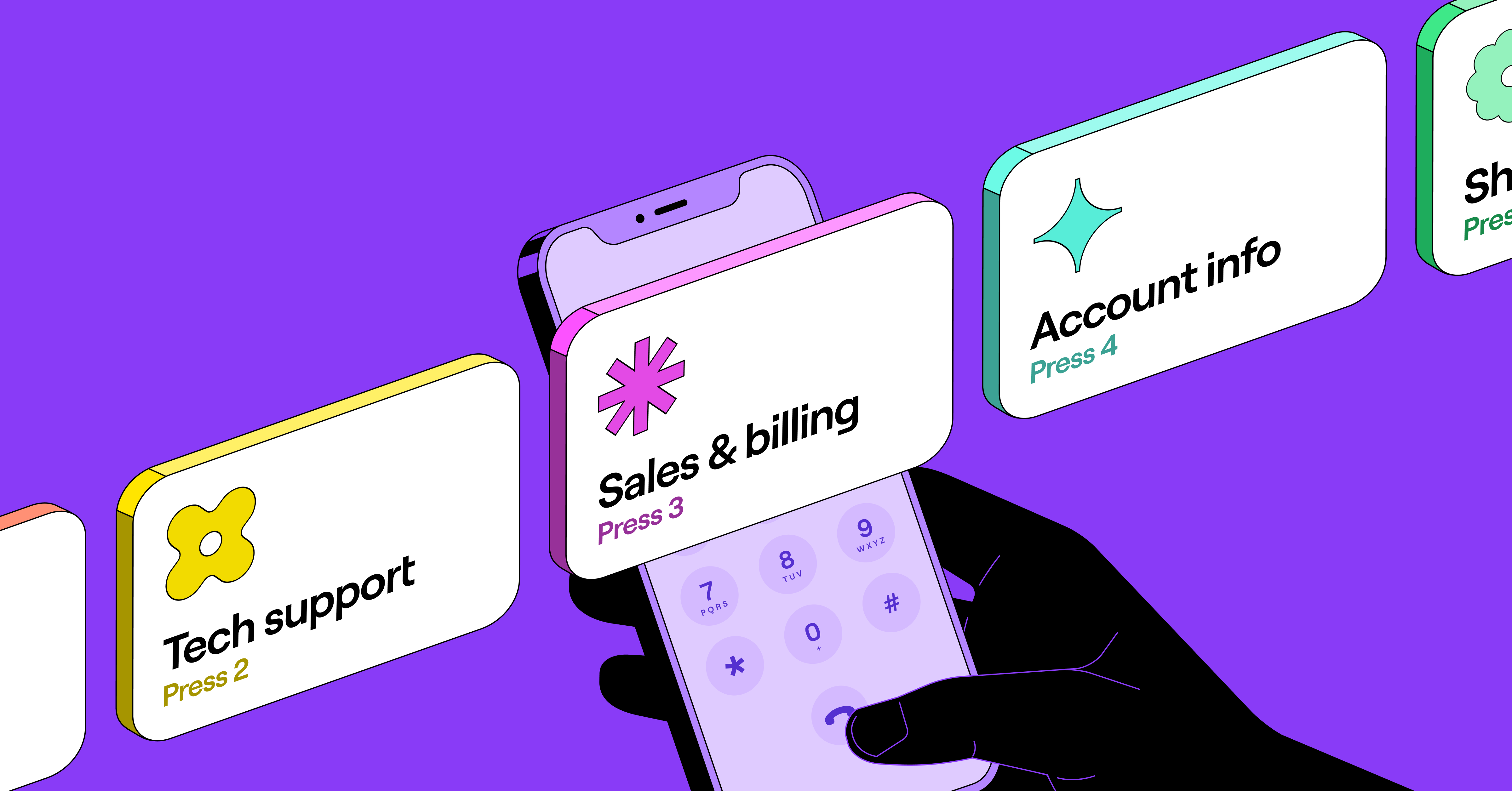 Illustration of a hand holding a phone with a call menu showing options for Tech support (Press 2), Sales & billing (Press 3), and Account info (Press 4).