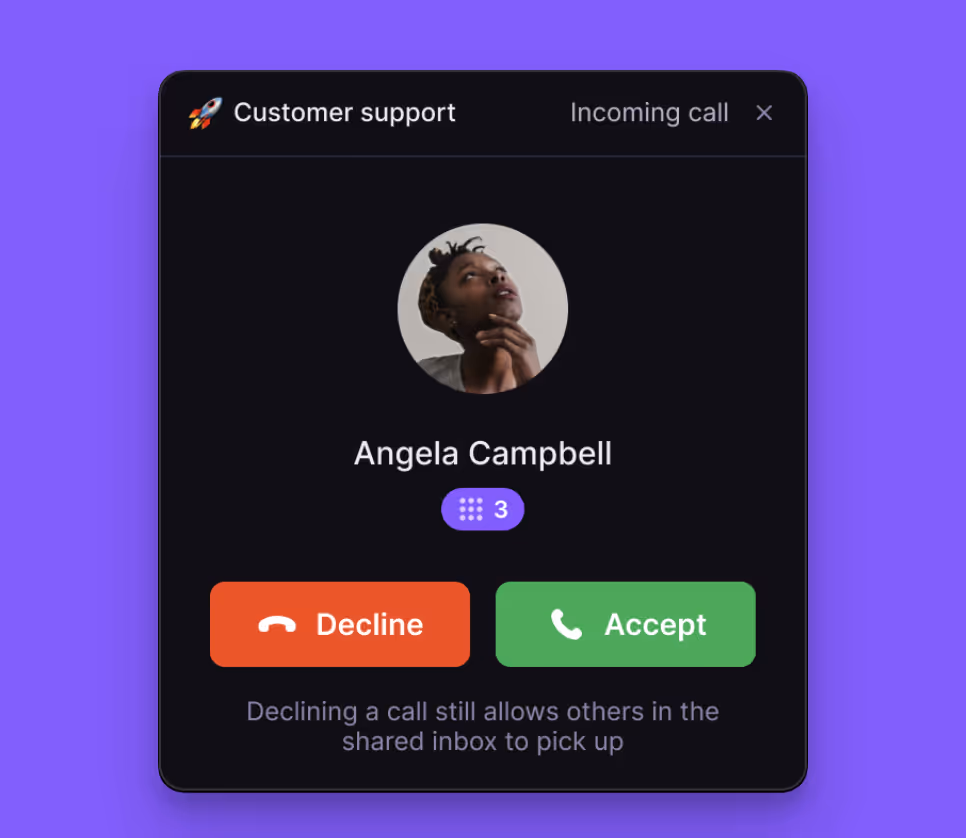 Incoming call screen showing customer support call from Angela Campbell with options to Decline or Accept on a purple background.