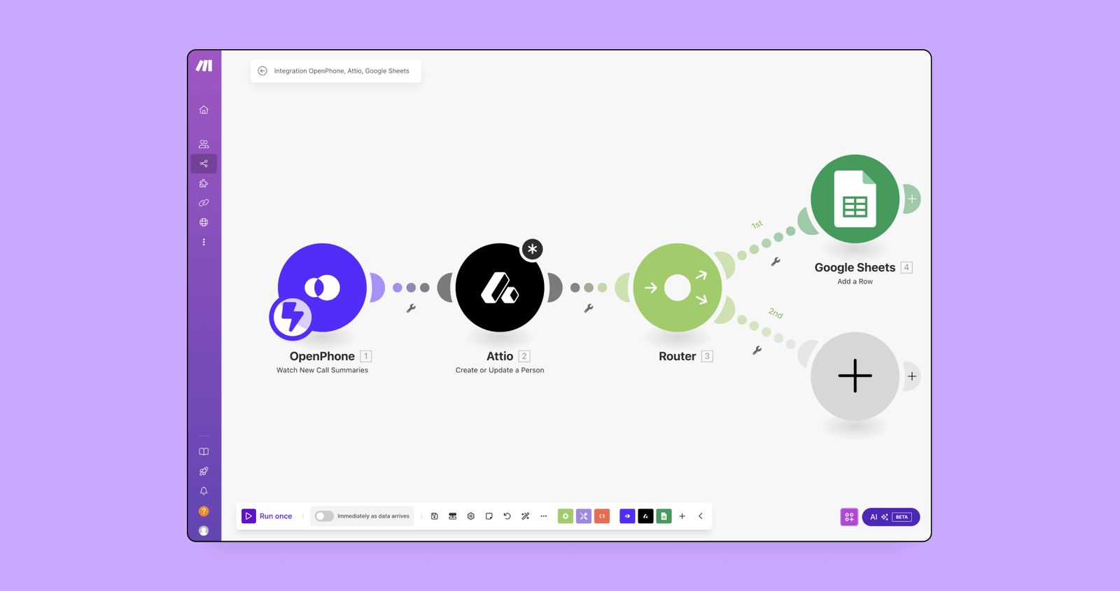 Workflow automation diagram showing integration from OpenPhone to Attio, then routing data to Google Sheets to add a row.