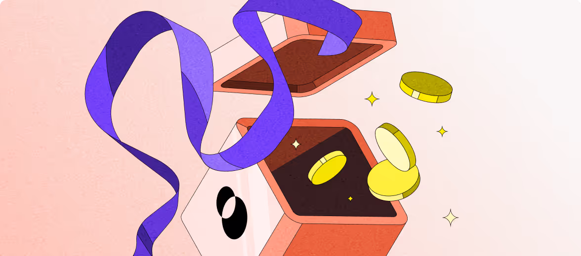 A box with a blue ribbon and gold coins inside.