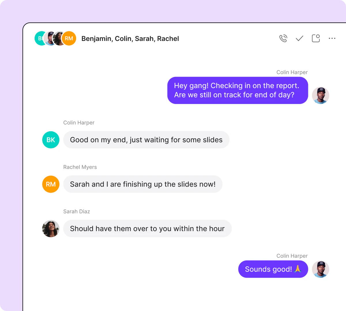 Group text conversation among Benjamin, Colin, Sarah, and Rachel coordinating on a report, confirming slide progress and timelines.