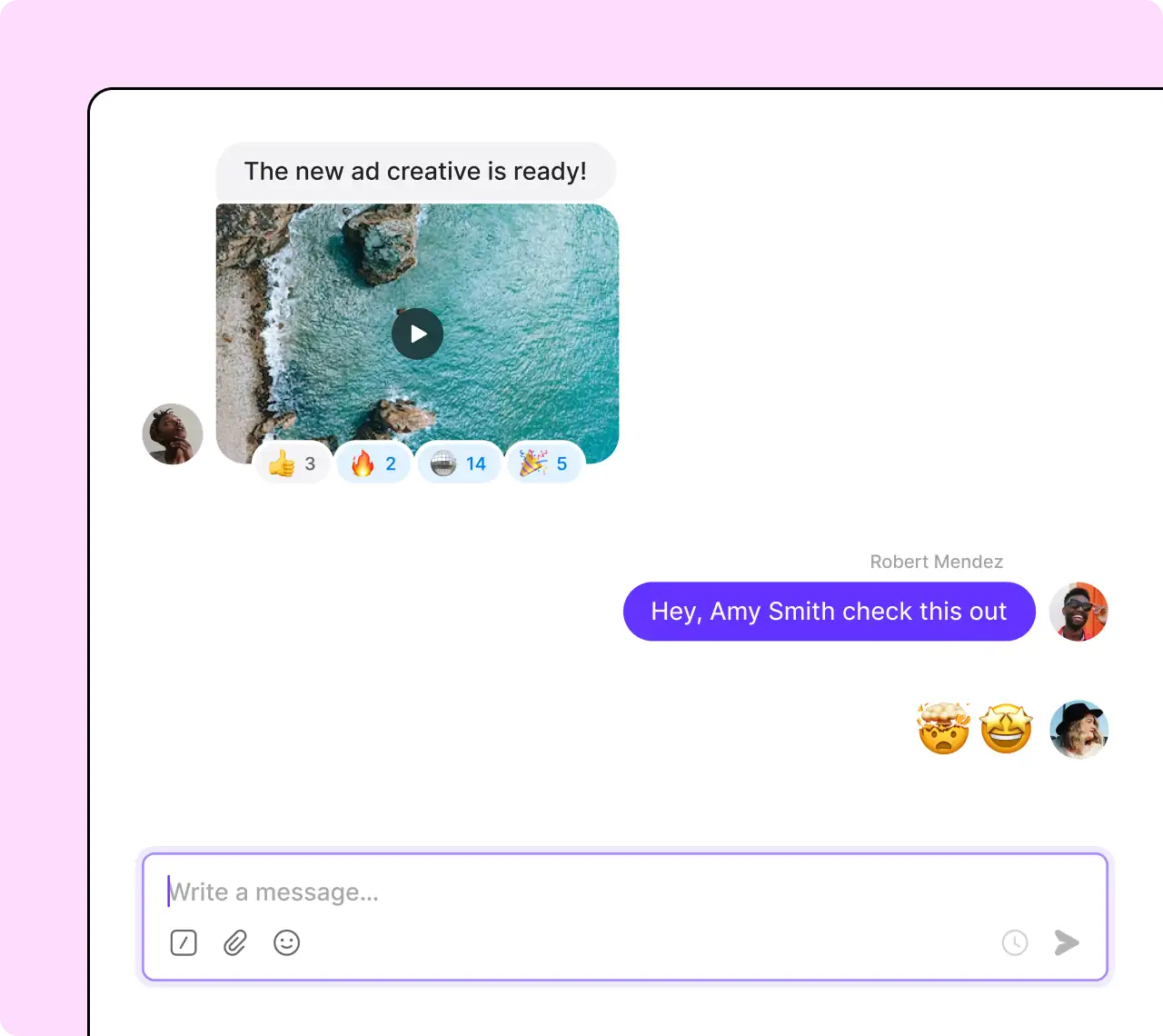 A pink background with a white text box that says "hey amy".