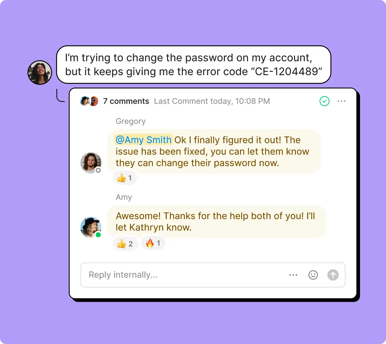A purple background with a white text reading "I'm trying to change the password on my account, but it keeps giving me the error code - CE12-4188".